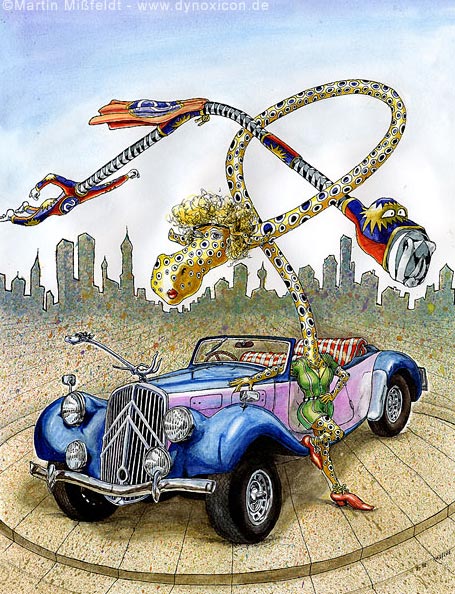 Cartoon Cooler Cartoon: Supermann mit Oldtimer und Mietze