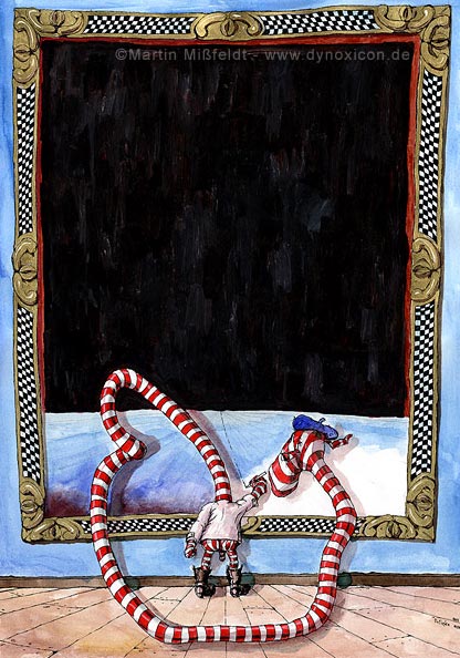 Cartoon Depression-Cartoon: allein vor riesigem Bild