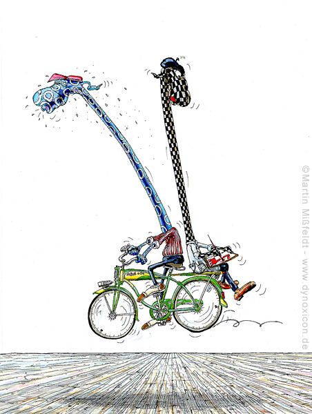 Cartoon Rückwärts auf Fahrrad malen